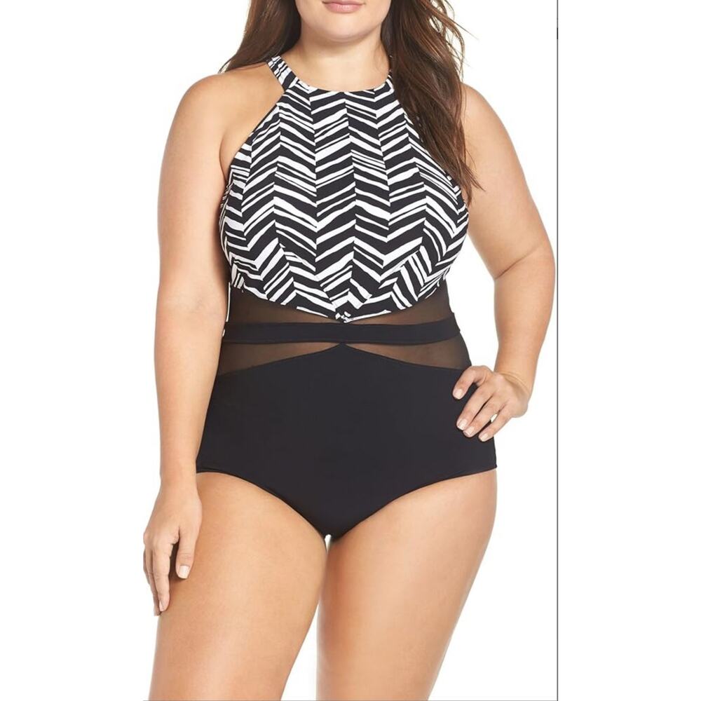 Profile by Gottex Women's Marble Print Size 20W One-Piece Swimsuit, Black/White